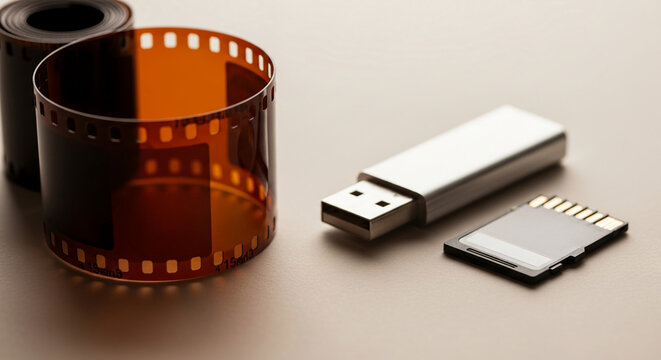 Image displays rolled photographic film, USB drive, and SD card on surface, representing photographic memory, data storage, analog and digital media