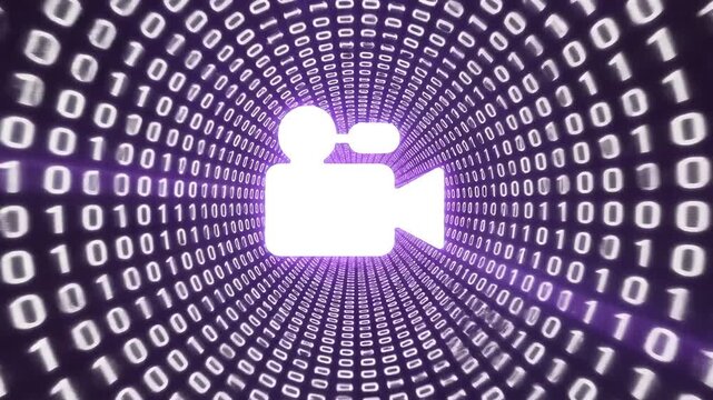 Futuristic digital tunnel with glowing binary code and a white camera icon symbolizing digital video creation and technology.