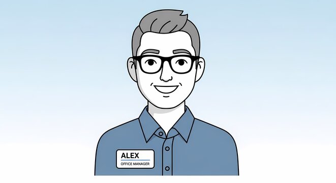 Cartoon male office manager Alex smiling with glasses and name tag
