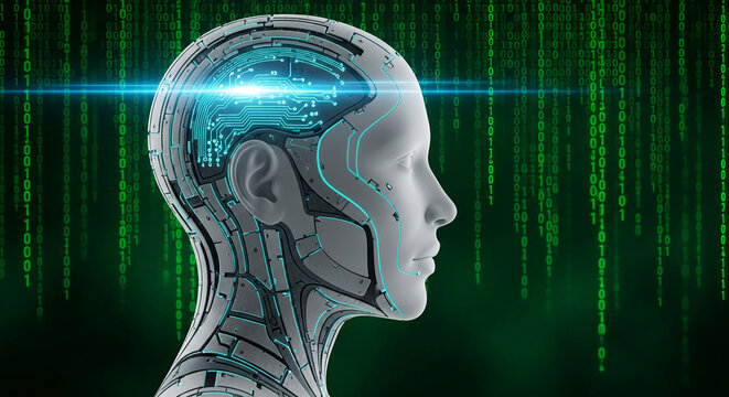 Profile of mechanical human head with visible circuit and luminous accent, set against matrix code, suggesting artificial intelligence future