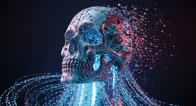 Digital skull with circuitry texture and binary code overlay, dissolving into cubes. Representing artificial intelligence, technological advancement, data loss