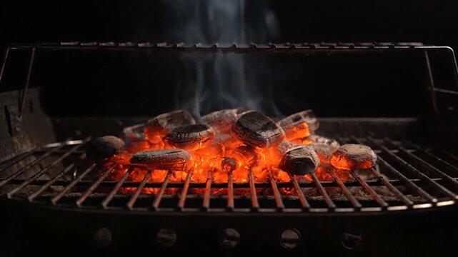 Close-up of glowing charcoal briquettes on a barbecue grill with smoke rising against dark backdrop
