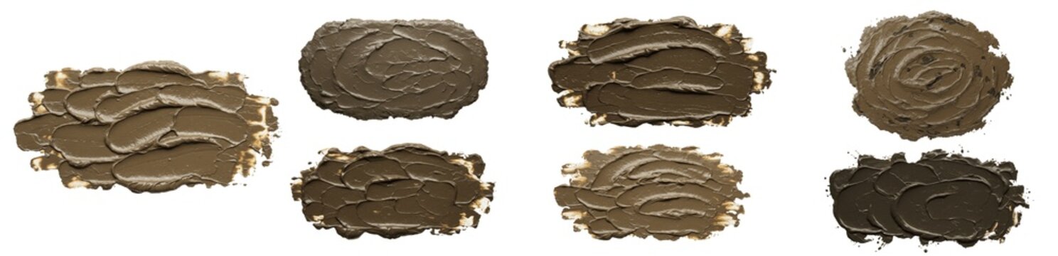 Brown mud smears set, isolated wet soil strokes, textured clay splats, dirty ground streaks, earthy muck dollops, organic garden silt swatches, compost PNG.