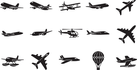 Black silhouettes of various airplanes and helicopters hot air balloon © icon store