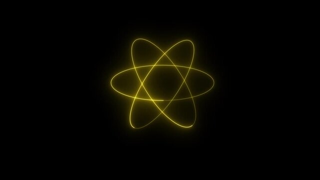 A stylized, neon-lit representation of an atom model, often referred to as the Rutherford-Bohr model or the atomic orbital model. 4K video