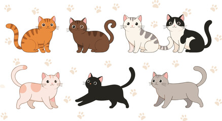 Cute Domestic Cat Cartoon Character Vector Set with Different Kitty Colors and Poses in Adorable Flat Pet Illustration Style