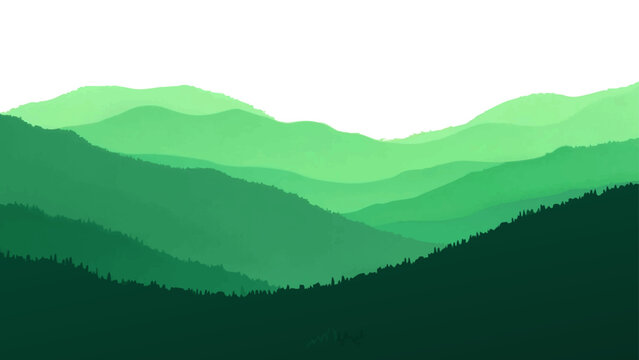 Vector Serene Illustration Of Layered Green Mountains, Evoking Tranquility and Vastness
