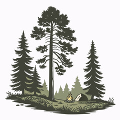 Obraz premium Summer Wilderness Campfire Scene with Pine Trees on White Background 