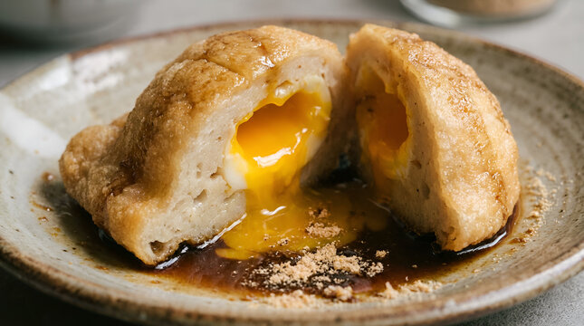 Delicious Indonesian Pempek Kapal Selam with Molten Egg Yolk on a Plate