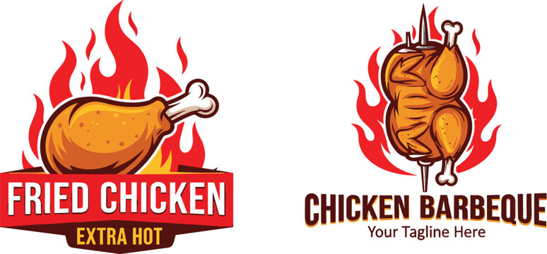 Fried Chicken and Chicken Barbecue Logo Vector Set with Spicy Hot Flames Fast Food Branding Design