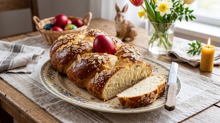 Greek tsoureki Easter bread and red dye eggs on a festive dining table, spring flowers decoration