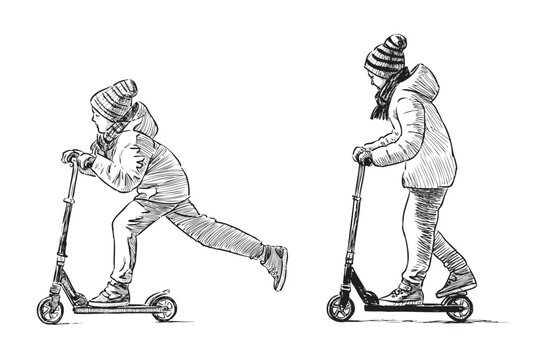 Two school children riding scooters, side view, realistic sketch, vector hand drawn illustration