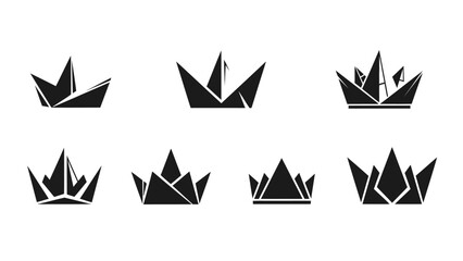 Obraz premium Set of Geometric Origami Crown Icons, Minimalist Black and White Royal Symbols