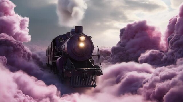 Steam locomotive with purple smoke dramatic sky, vintage train surreal clouds, transportation fantasy adventure, glowing light journey, whimsical mysterious travel retro old fashioned railway