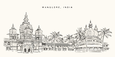 Mangalore India A sketch of ornate temples and tropical foliage © Ruhidas