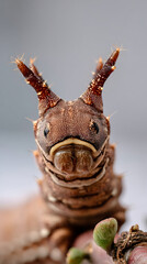 Fototapeta premium Intimate portrait of an unusual insect larva, revealing its textured skin and distinctive horn-like features in macro detail