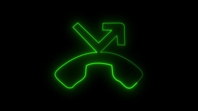 A bright neon outline of a telephone handset with an outgoing arrow symbol indicating a call being placed against a dark, abstract background. Abstract neon outgoing phone call increase icon. on black