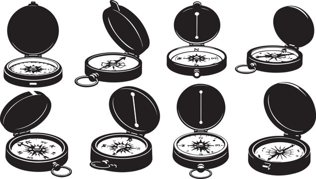 Set of black and white compass illustrations in various positions