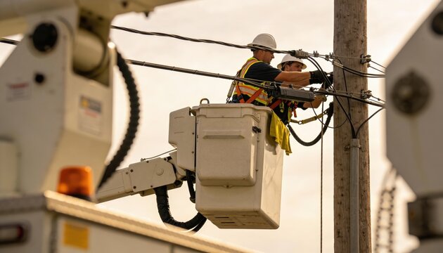 Bucket truck crew climbing telecom pole for preventive cable checks during routine maintenance focused detail on workers with softly blurred surrounding equipment.