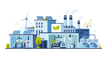 Fototapeta premium Sustainable Factory with Green Energy, Solar Panels, Wind Turbine, and Recycling. Eco-Friendly Industrial Production & Climate Action.