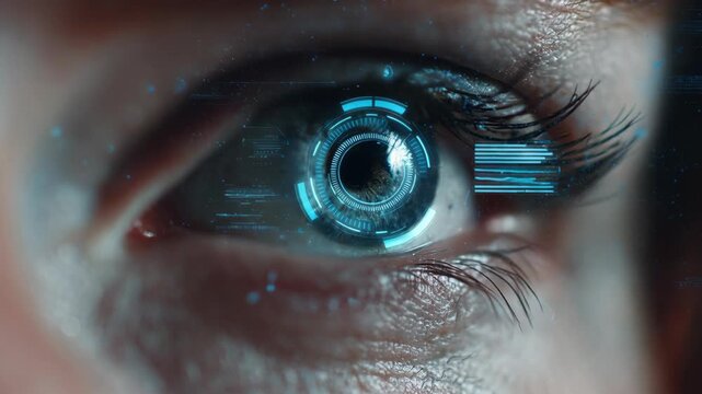 Close up human eye futuristic technology digital cyber blue biometric security innovation concept science interface iris scanning identification virtual data modern intelligent vision artificial