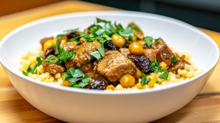 Fototapeta premium A bowl of delicious couscous topped with succulent meat, chickpeas, cranberries, and herbs