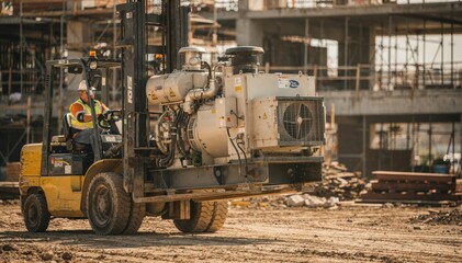 Fototapeta premium Forklift operator carefully maneuvering a large emergency generator on a construction site with the generator in sharp focus and background blurred.