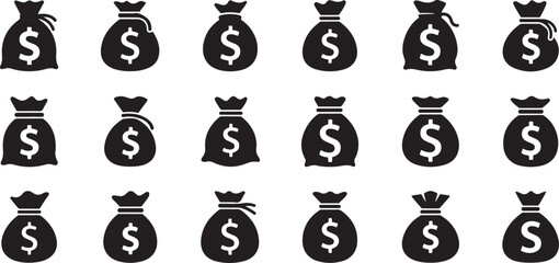 Obraz premium Black money bags with dollar sign on white background black white background financial symbols currency