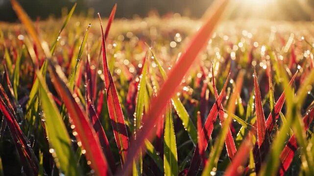 Vibrant green and red grass blades glisten with morning dew under warm sunlight