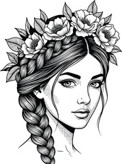 Fototapeta premium Floral Elegance: Intricate pen-and-ink portrait of a beautiful woman adorned with a flower crown, her braided hair and delicate features.