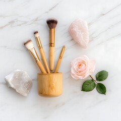 Elegant Display of Natural Makeup Brushes with Rose and Crystals on Marble Background