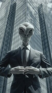 Alien in business suit standing in front of modern skyscraper, surreal concept of extraterrestrial corporate leadership