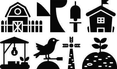 Farm icon set with barn windmill well weather vane house and plant black silhouette vector illustration collection isolated © Arzina