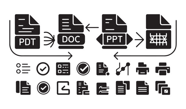 Document conversion workflow icons for PDT DOC PPT and data processing symbols