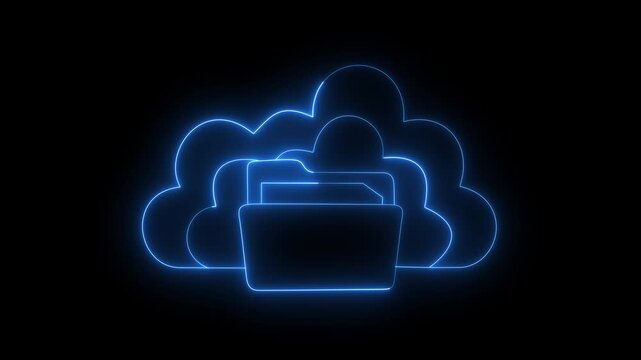 Neon cloud and folder icon representing cloud storage on black background. Cloud computing and file management concept with bright neon icons. Digital data storage and network backup illustration.