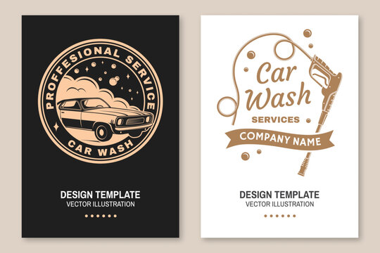 Professional car wash poster, banner and flyer template set. Vector auto cleaning and car service advertising design with washing equipment and vehicle care elements