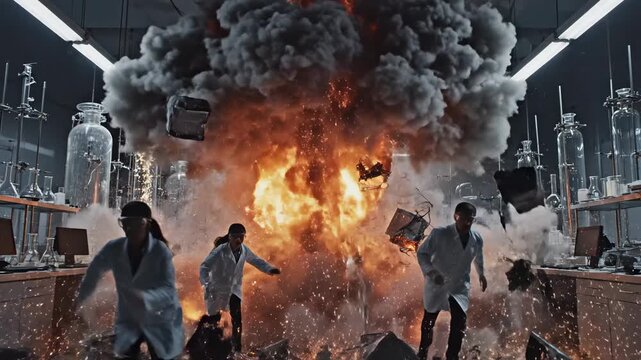Dramatic Laboratory Explosion - Scientists React to Chemical Reaction.