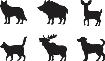 Obraz premium Wild and domestic animal silhouettes wolf boar deer moose dog vector illustration set isolated on white background