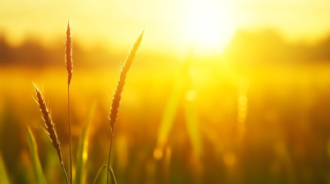 A serene sunrise illuminating tall grass in a golden field, evoking calmness and tranquility