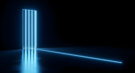 Fototapeta premium Glowing blue neon lights forming a futuristic corner frame in a dark room