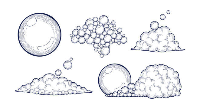 Detailed Hand Drawn Engraved Soap Bubbles and Realistic Foam Suds Vector Collection