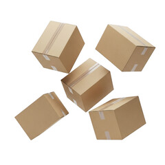 Obraz premium Five brown cardboard boxes with labels and tape, isolated on transparent background