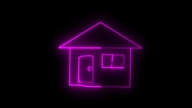 Glowing neon home button icon animation. Neon house icon. Glowing neon line home animation. Dark background.