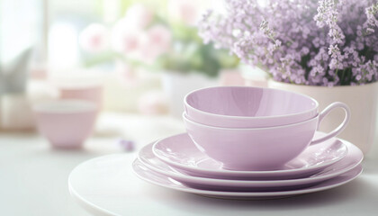 Fototapeta premium Soft Pastel Lavender Dinnerware Set on Light Table with Blurred Pastel Background, Elegant Tableware Advertising