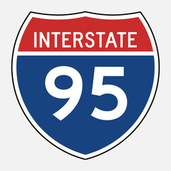US Interstate 95 Highway Icon, Featuring Route Number and Text, Representing Interstate Road Sign, Travel Navigation, and Flat Style Vector Illustration. © ayat 02