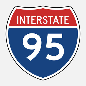 US Interstate 95 Highway Icon, Featuring Route Number and Text, Representing Interstate Road Sign, Travel Navigation, and Flat Style Vector Illustration.