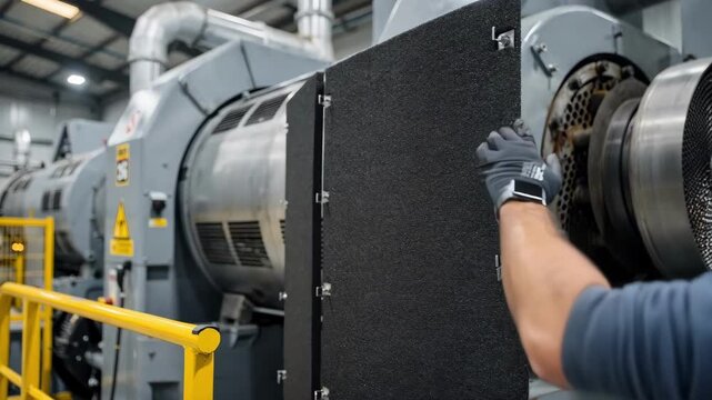 Closeup of acoustic baffles being installed near heavy machinery to minimize operational noise and enhance workplace safety.