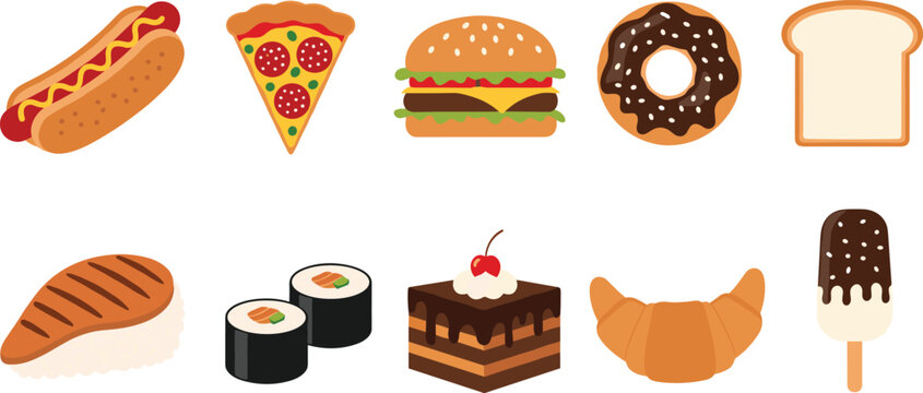 Assorted fast food and dessert icon set with burger, sushi, chocolate cake and donut