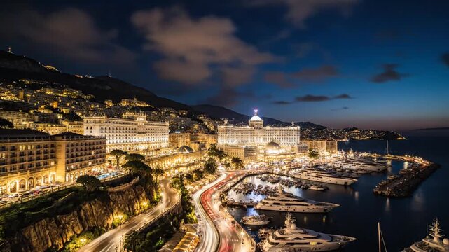 Monte carlo harbor at sunset: luxurious yachts docked in a mediterranean cityscape with golden light