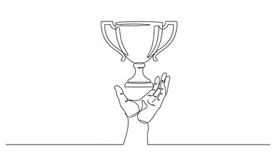 Continuous one line drawing of hand holds trophy cup competition. Victory, and achievement from the contest. The theme is victory and awards.